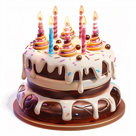 Birthday cake with candles isolated on white background. 3d renderの素材