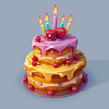 Birthday cake with burning candles and cherries on a gray backgroundの素材