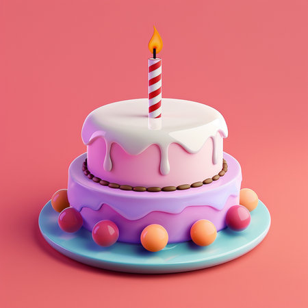 Birthday cake with candle isolated on pink background. 3d renderの素材