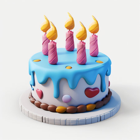 Birthday cake with candles on a white background. 3d renderingの素材