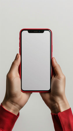 Smartphone with blank screen in female hands on white background. Mock upの素材