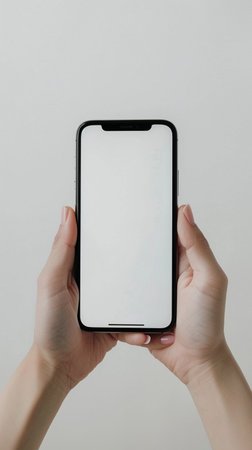 Female hands holding smartphone with blank screen on white background. Mockupの素材