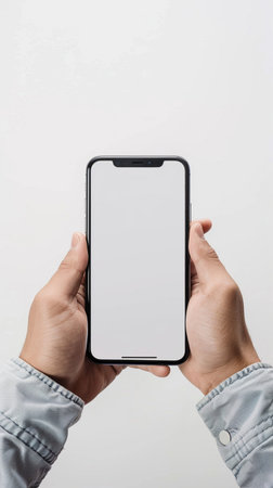 male hands holding a smartphone with a blank screen on a white backgroundの素材