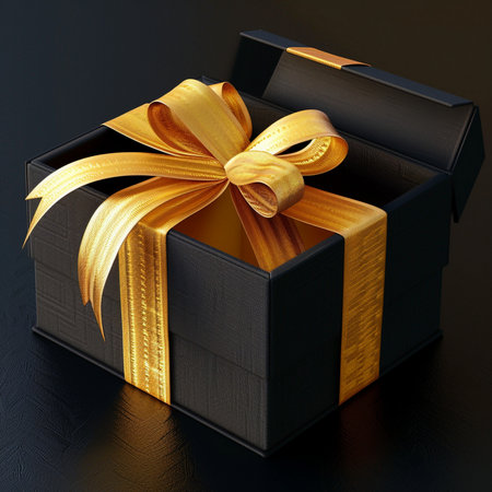Black gift box with golden bow on black background. 3d renderの素材