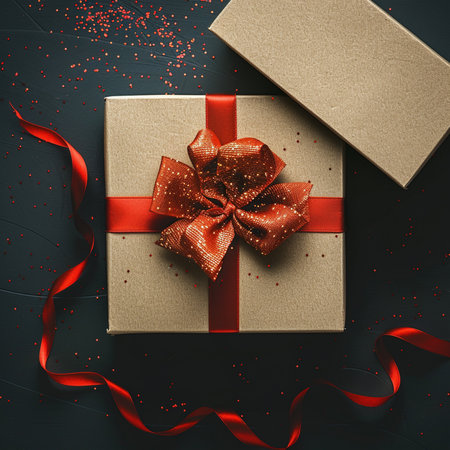 Gift box with red ribbon on black background, top view.の素材