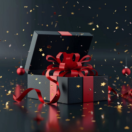 Black gift box with red ribbon and confetti. 3d renderingの素材