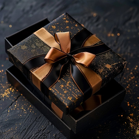 Gift box with gold bow on a black background. Copy space.の素材