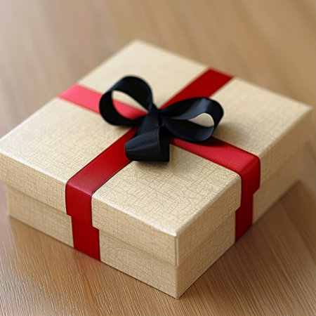 Gift box with red ribbon bow on wooden background, closeupの素材