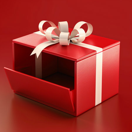 Red gift box with ribbon on red background. 3D rendering.の素材