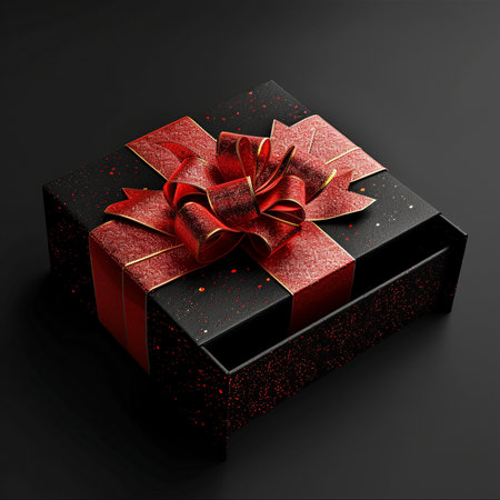Black gift box with red bow on black background. 3d illustrationの素材