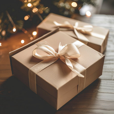 Gift box with ribbon bow on wooden background, vintage tonedの素材