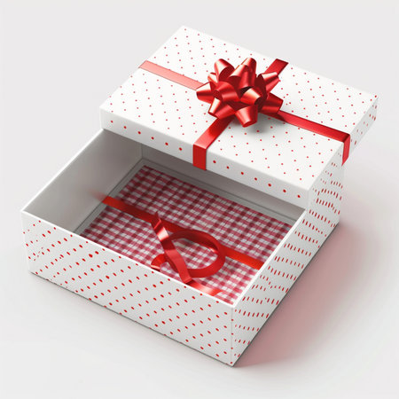 White gift box with red ribbon and bow. 3d rendering.の素材
