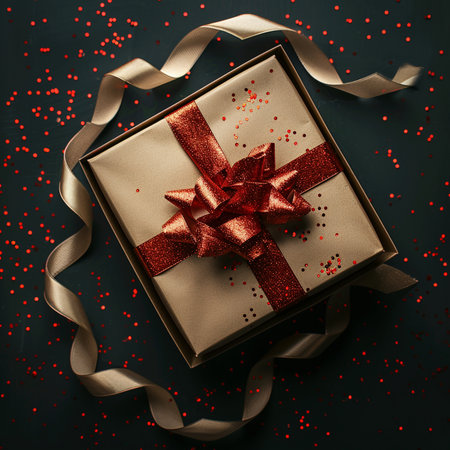 Gift box with red ribbon on dark background. Top view.の素材