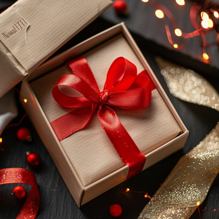 Gift box with red ribbon on black background. Christmas and New Year concept.の素材