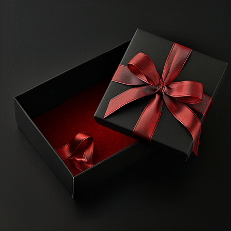 Black gift box with red ribbon on black background. Top view.の素材
