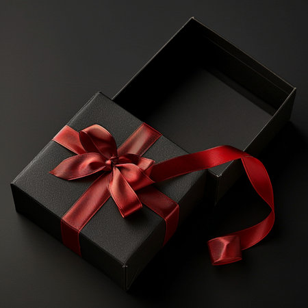 Black gift box with red ribbon on black background. Top view.の素材