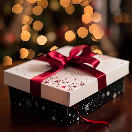 Gift box with red bow on bokeh background, close upの素材