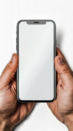 Man's hands holding a smartphone with a blank screen on a white backgroundの素材