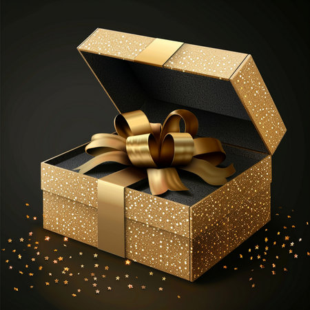 Open gift box with golden bow on black background. Vector illustration.の素材