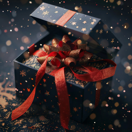 Black gift box with a red bow on a dark background with falling snow.の素材