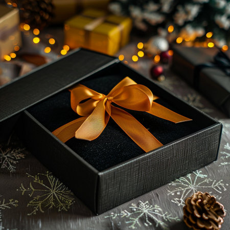 Open golden gift box with gold bow on black background. Vector illustration.の素材