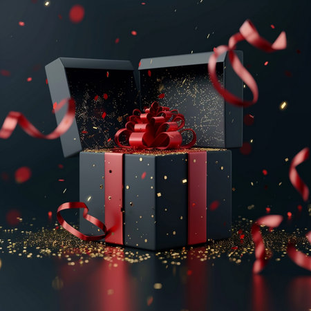Open gift box with red ribbon and confetti. 3d renderingの素材