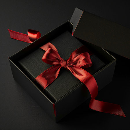 Black gift box with red ribbon on black background. Top view.の素材