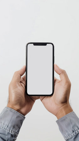 Smartphone mockup with blank screen in male hands. Isolated on white background.の素材