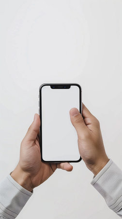 Smartphone mockup with white screen in human hands on a white backgroundの素材