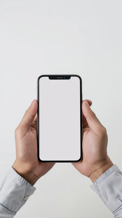 male hands holding a smartphone with a white screen on a white backgroundの素材