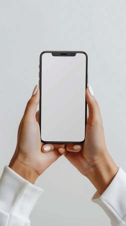 female hands holding a smartphone with a blank screen on a white backgroundの素材