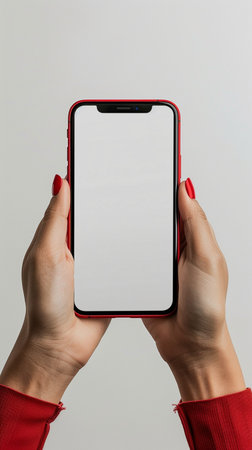 Female hands holding a smartphone with a white screen on a gray backgroundの素材