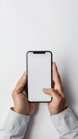 Smartphone with blank screen in hand isolated on white background. Mockup for designの素材