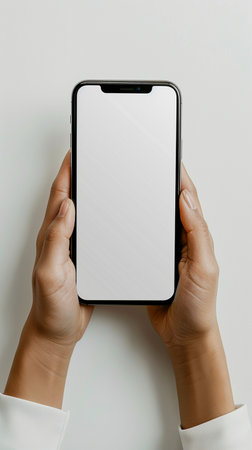 Smartphone with blank screen in female hands, isolated on white backgroundの素材