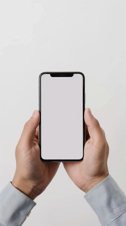 male hands holding a smartphone with a blank screen on a white backgroundの素材