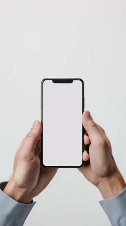 Man holding a smartphone with blank screen on white background. Mock upの素材