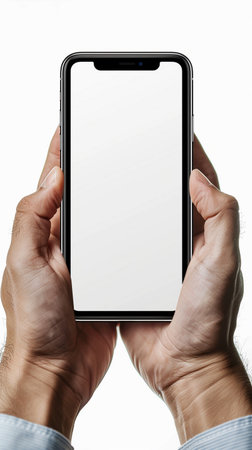 male hands holding a smartphone with a blank screen on a white backgroundの素材