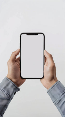 Mockup image of male hands holding smart phone with blank screenの素材