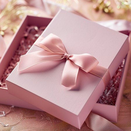 gift box with pink ribbon, selective focus, toned imageの素材