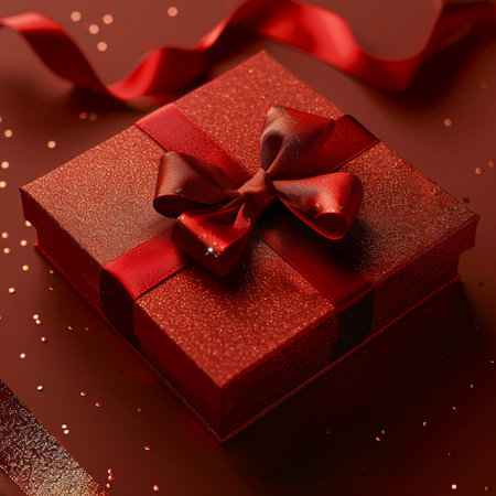 Red gift box with red ribbon on a dark background. Shallow depth of field.の素材