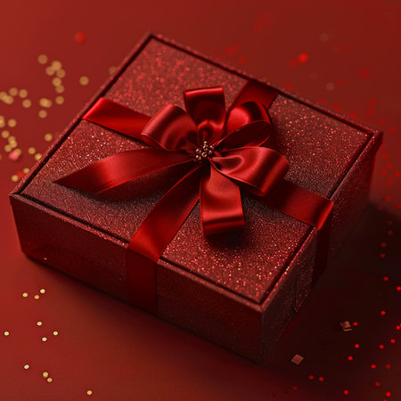 Red gift box with red bow on red background with sparkles.の素材