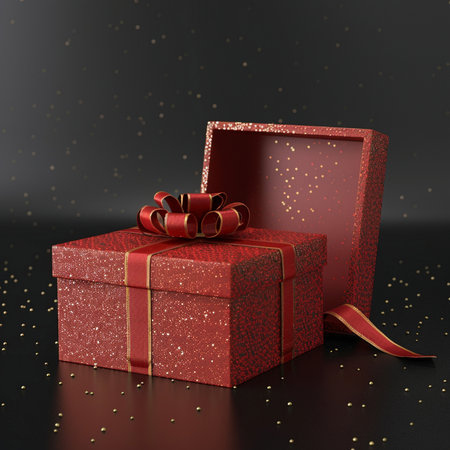 Gift box with red ribbon and bow on black background. 3D rendering.の素材