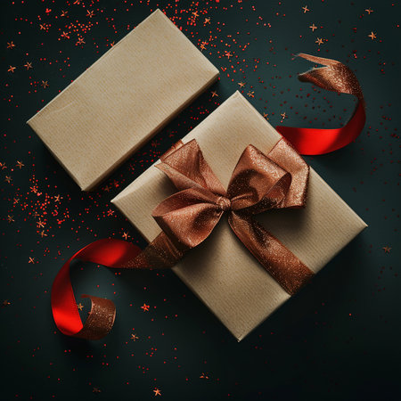 Gift box with red ribbon on black background. Top view.の素材