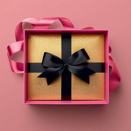 Opened gift box with black bow on pink background, top viewの素材