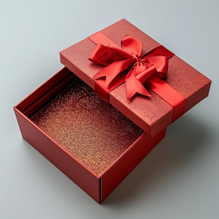 Open red gift box with a bow on a gray background. 3d renderの素材