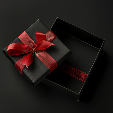 Black gift box with red ribbon on black background. Top view.の素材