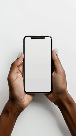 Smartphone mockup with blank screen in female hands on white backgroundの素材