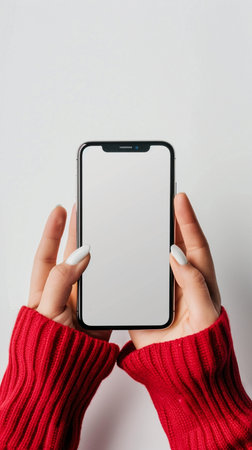 Female hands in red sweater holding smartphone with blank screen on white backgroundの素材