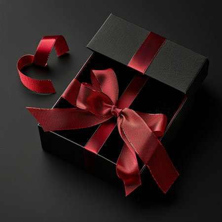 Black gift box with red ribbon bow on black background. Top view.の素材