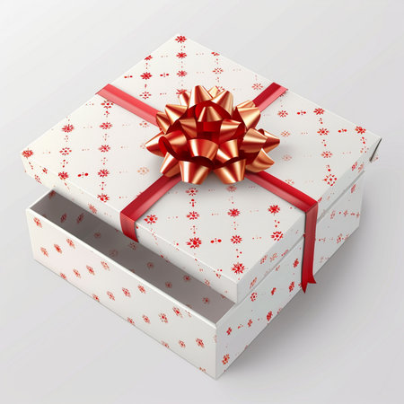 Gift box with red bow isolated on white background. Vector illustration.の素材